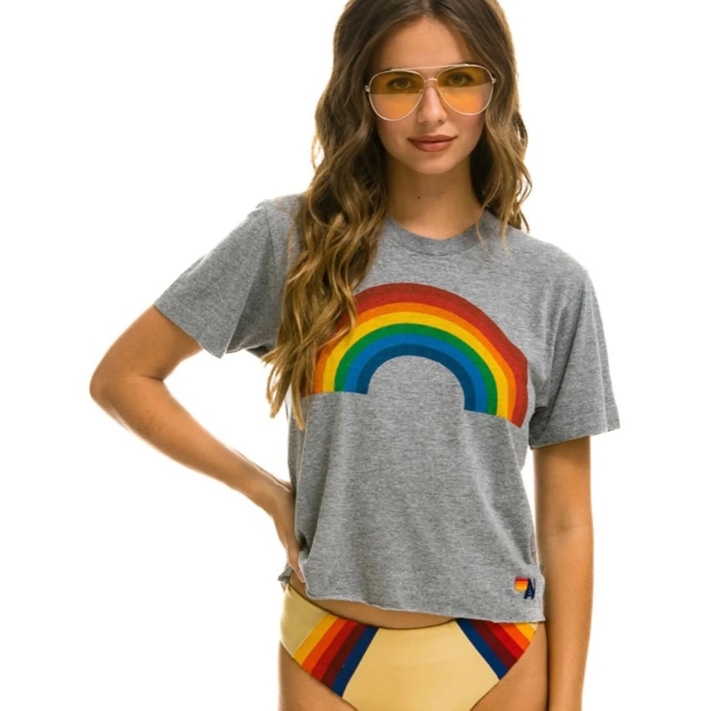 AVIATOR NATION Rainbow Cropped T Shirt Heather Grey Size Large